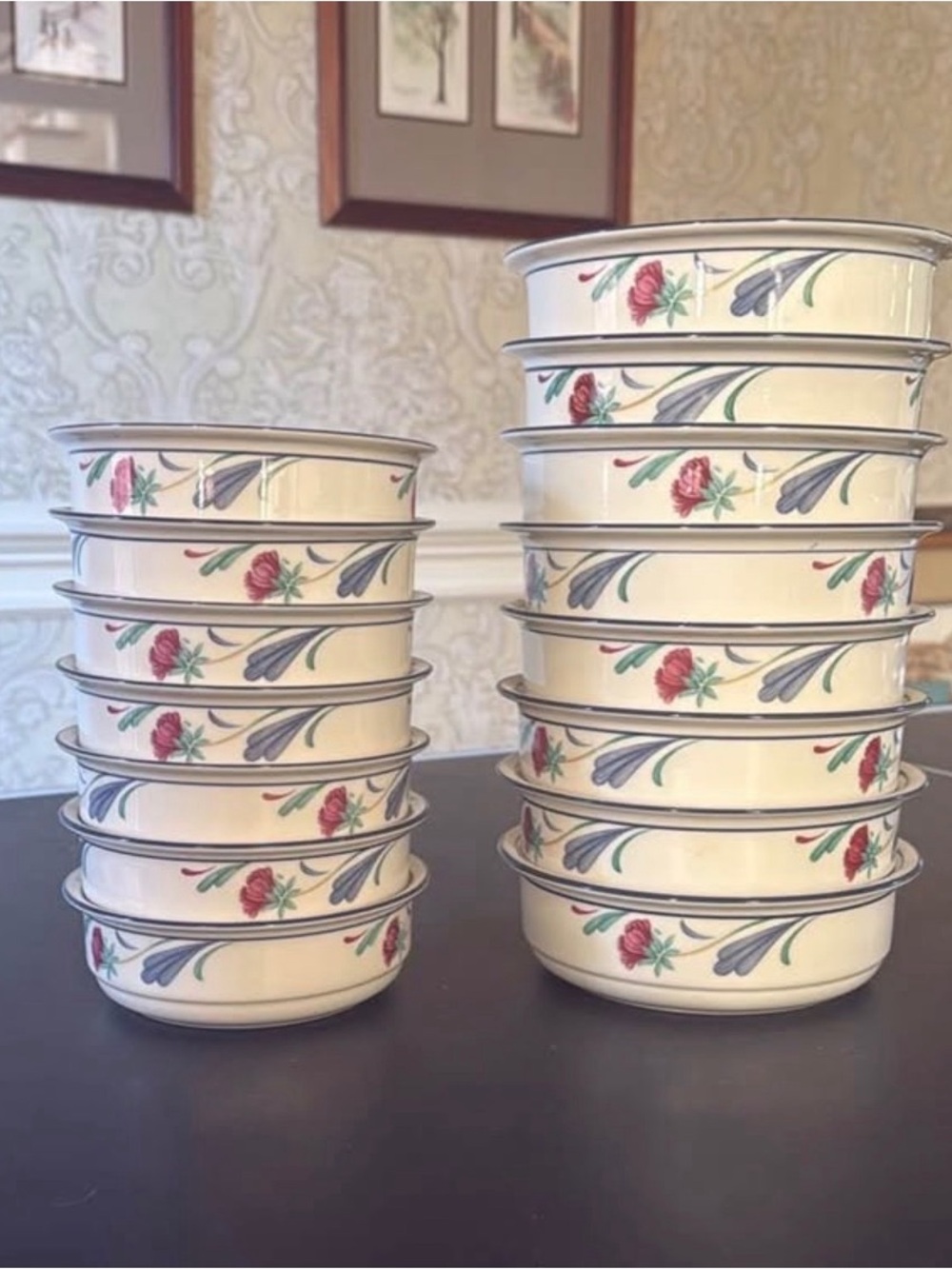 Lenox Poppies on Blue Bowls 15 Pieces 8 large, 6 sm Cream & Blue w/Red berries